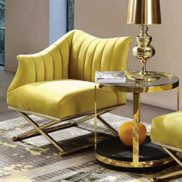 Yellow Velvet-upholstered Accent Chair with Right Side Armrest and Gold Legs - thumbnail 2