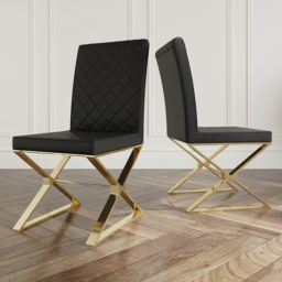 Set of 2 Modern Dining Chairs PU Leather Upholstered Black Dining Room Chair with Gold Legs - thumbnail 9