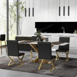 Set of 2 Modern Dining Chairs PU Leather Upholstered Black Dining Room Chair with Gold Legs - thumbnail 6