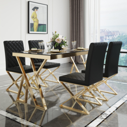 Set of 2 Modern Dining Chairs PU Leather Upholstered Black Dining Room Chair with Gold Legs - thumbnail 2