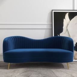 Florie Luxury 1840mm Vertical Channel Tufted Curved Performance Velvet Sofa in Blue - thumbnail 1