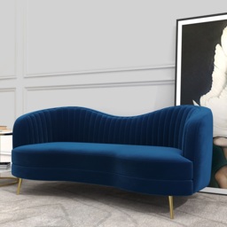 Florie Luxury 1840mm Vertical Channel Tufted Curved Performance Velvet Sofa in Blue - thumbnail 2