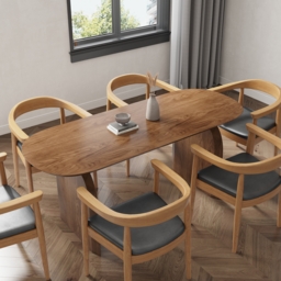 Oval Dining Table & Curved Back 6 Dining Chairs Upholstered Leather Solid Wood Top - thumbnail 2