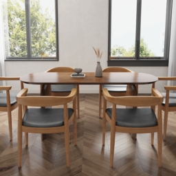 Oval Dining Table & Curved Back 6 Dining Chairs Upholstered Leather Solid Wood Top - thumbnail 3