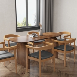 Oval Dining Table & Curved Back 6 Dining Chairs Upholstered Leather Solid Wood Top