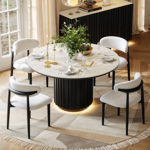 Aura 120 cm Round Faux Travertine Sintered Stone Dining Table, Fluted Base, Seats 4 - image 1