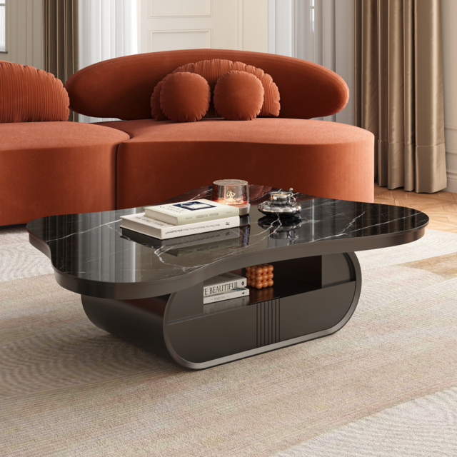 Cloud Coffee Table Wood Irregular Sintered Stone Top in Black with Drawer Storage - image 1