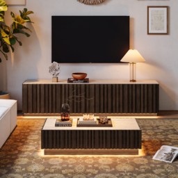 Aura 120 cm Ash Wood Slatted Coffee Table with Sintered Stone Top - thumbnail 5