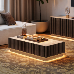 Aura 120 cm Ash Wood Slatted Coffee Table with Sintered Stone Top - thumbnail 4