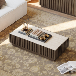 Aura 120 cm Ash Wood Slatted Coffee Table with Sintered Stone Top - thumbnail 2