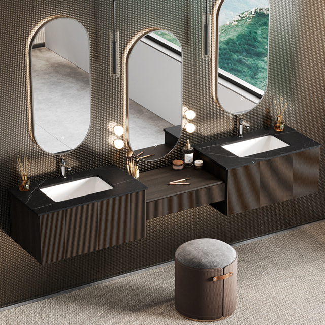 "85"" Modern Floating Bathroom Vanity Set with Double Sinks & Makeup Table Walnut" - image 1
