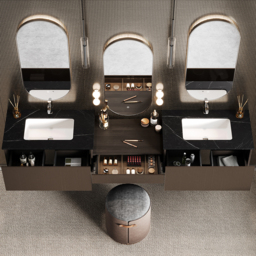 "85"" Modern Floating Bathroom Vanity Set with Double Sinks & Makeup Table Walnut" - thumbnail 3