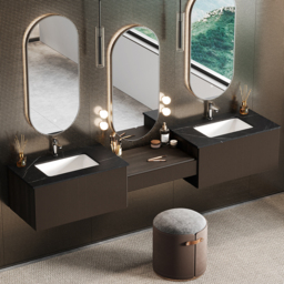 "85"" Modern Floating Bathroom Vanity Set with Double Sinks & Makeup Table Walnut" - thumbnail 1
