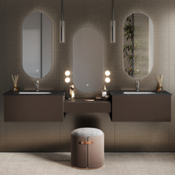"85"" Modern Floating Bathroom Vanity Set with Double Sinks & Makeup Table Walnut" - thumbnail 4