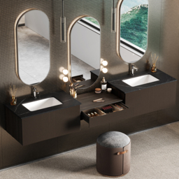 "85"" Modern Floating Bathroom Vanity Set with Double Sinks & Makeup Table Walnut" - thumbnail 2