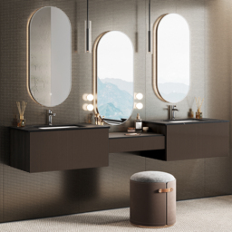 "85"" Modern Floating Bathroom Vanity Set with Double Sinks & Makeup Table Walnut" - thumbnail 5