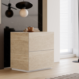 Modern 600mmW Faux Travertine Nightstand 2 Drawer Bedside Table Set of 2 - thumbnail 2