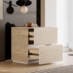 Modern 600mmW Faux Travertine Nightstand 2 Drawer Bedside Table Set of 2 - thumbnail 4