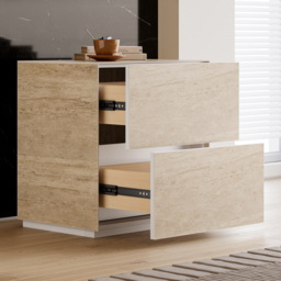 Modern 600mmW Faux Travertine Nightstand 2 Drawer Bedside Table Set of 2 - thumbnail 9