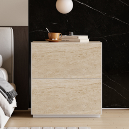 Modern 600mmW Faux Travertine Nightstand 2 Drawer Bedside Table Set of 2 - thumbnail 1