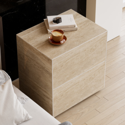 Modern 600mmW Faux Travertine Nightstand 2 Drawer Bedside Table Set of 2 - thumbnail 3