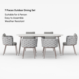 7 PCS 1800 mm Outdoor Sintered Stone Top Dining Table Set with 6 Rope Woven Armchairs Modern Yard & Patio Dining Furniture Set for 6 Person with Armchairs - thumbnail 9