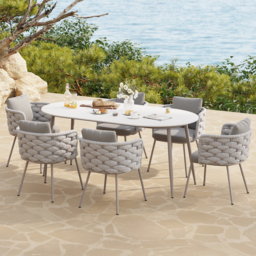 7 PCS 1800 mm Outdoor Sintered Stone Top Dining Table Set with 6 Rope Woven Armchairs Modern Yard & Patio Dining Furniture Set for 6 Person with Armchairs - thumbnail 2