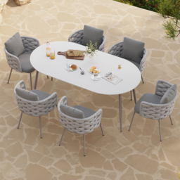 7 PCS 1800 mm Outdoor Sintered Stone Top Dining Table Set with 6 Rope Woven Armchairs Modern Yard & Patio Dining Furniture Set for 6 Person with Armchairs - thumbnail 1