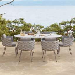 7 PCS 1800 mm Outdoor Sintered Stone Top Dining Table Set with 6 Rope Woven Armchairs Modern Yard & Patio Dining Furniture Set for 6 Person with Armchairs - thumbnail 3