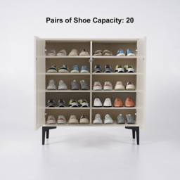 Nordic Minimalist Off White Wooden Shoe Cabinet with 2-Door 10 -Shelf - thumbnail 6