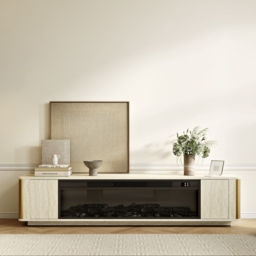2000mm Travertine Veneer Electric Fireplace TV Stand with Storage in Oatmeal For living Room - thumbnail 6