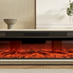 2000mm Travertine Veneer Electric Fireplace TV Stand with Storage in Oatmeal For living Room - thumbnail 9