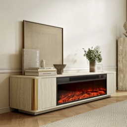 2000mm Travertine Veneer Electric Fireplace TV Stand with Storage in Oatmeal For living Room - thumbnail 3