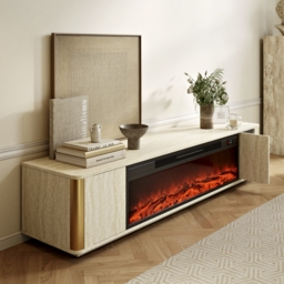 2000mm Travertine Veneer Electric Fireplace TV Stand with Storage in Oatmeal For living Room - thumbnail 7