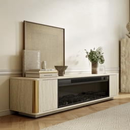 2000mm Travertine Veneer Electric Fireplace TV Stand with Storage in Oatmeal For living Room - thumbnail 8