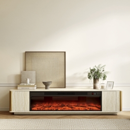 2000mm Travertine Veneer Electric Fireplace TV Stand with Storage in Oatmeal For living Room