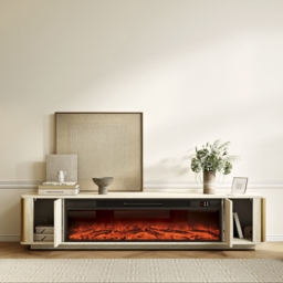 2000mm Travertine Veneer Electric Fireplace TV Stand with Storage in Oatmeal For living Room - thumbnail 4