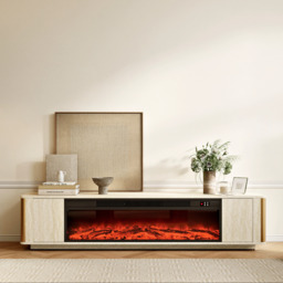 2000mm Travertine Veneer Electric Fireplace TV Stand with Storage in Oatmeal For living Room - thumbnail 2