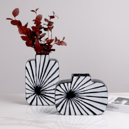 2 Pieces Abstract White & Black Striped Resin Flower Vase Set Home Ornament Decor Art - thumbnail 5