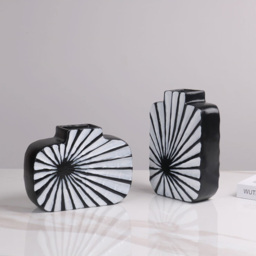 2 Pieces Abstract White & Black Striped Resin Flower Vase Set Home Ornament Decor Art - thumbnail 7