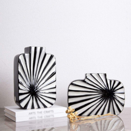2 Pieces Abstract White & Black Striped Resin Flower Vase Set Home Ornament Decor Art - thumbnail 2
