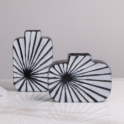 2 Pieces Abstract White & Black Striped Resin Flower Vase Set Home Ornament Decor Art - thumbnail 6
