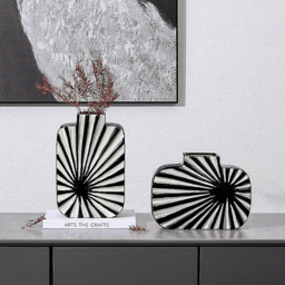 2 Pieces Abstract White & Black Striped Resin Flower Vase Set Home Ornament Decor Art - thumbnail 3