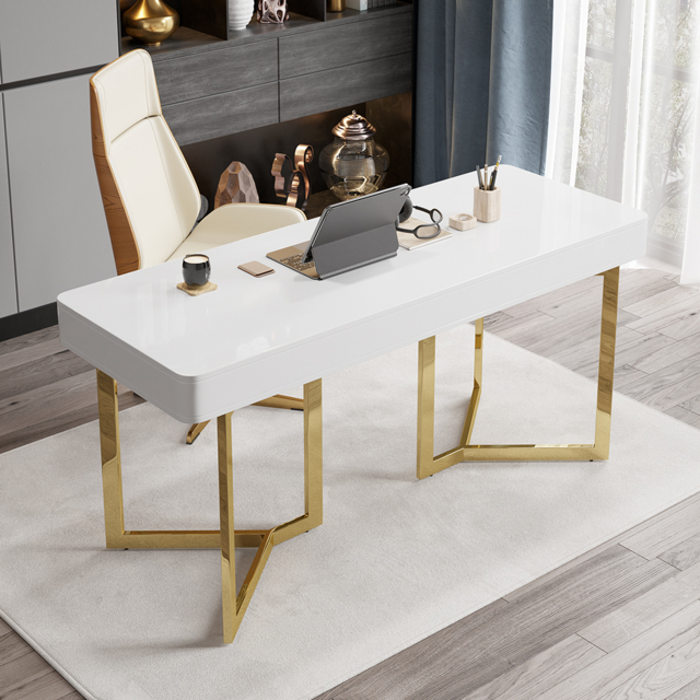 2-Drawers White Office Desk 1600mm Modern Writing Desk Gold Tripod Base Stainless Steel - image 1