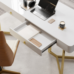 2-Drawers White Office Desk 1600mm Modern Writing Desk Gold Tripod Base Stainless Steel - thumbnail 7