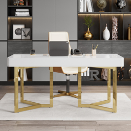 2-Drawers White Office Desk 1600mm Modern Writing Desk Gold Tripod Base Stainless Steel - thumbnail 2