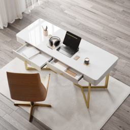2-Drawers White Office Desk 1600mm Modern Writing Desk Gold Tripod Base Stainless Steel - thumbnail 6