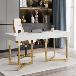 2-Drawers White Office Desk 1600mm Modern Writing Desk Gold Tripod Base Stainless Steel - thumbnail 3