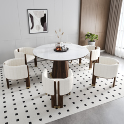Modern Wood Accent Chair White Boucle Upholstered Arm Chair Set of 4 - thumbnail 4