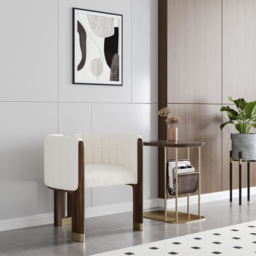 Modern Wood Accent Chair White Boucle Upholstered Arm Chair Set of 4 - thumbnail 2